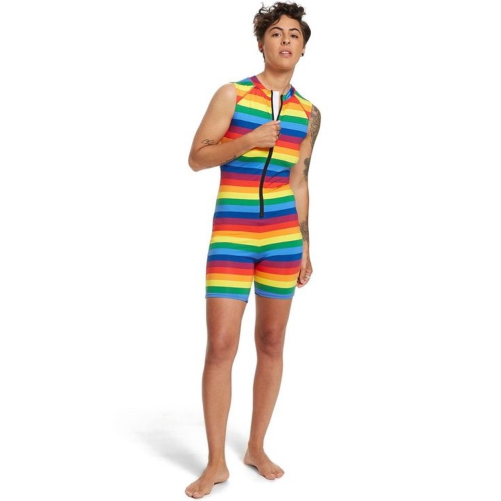 TomboyX Rainbow Stripe Sleeveless Swim Romper — Multicolor